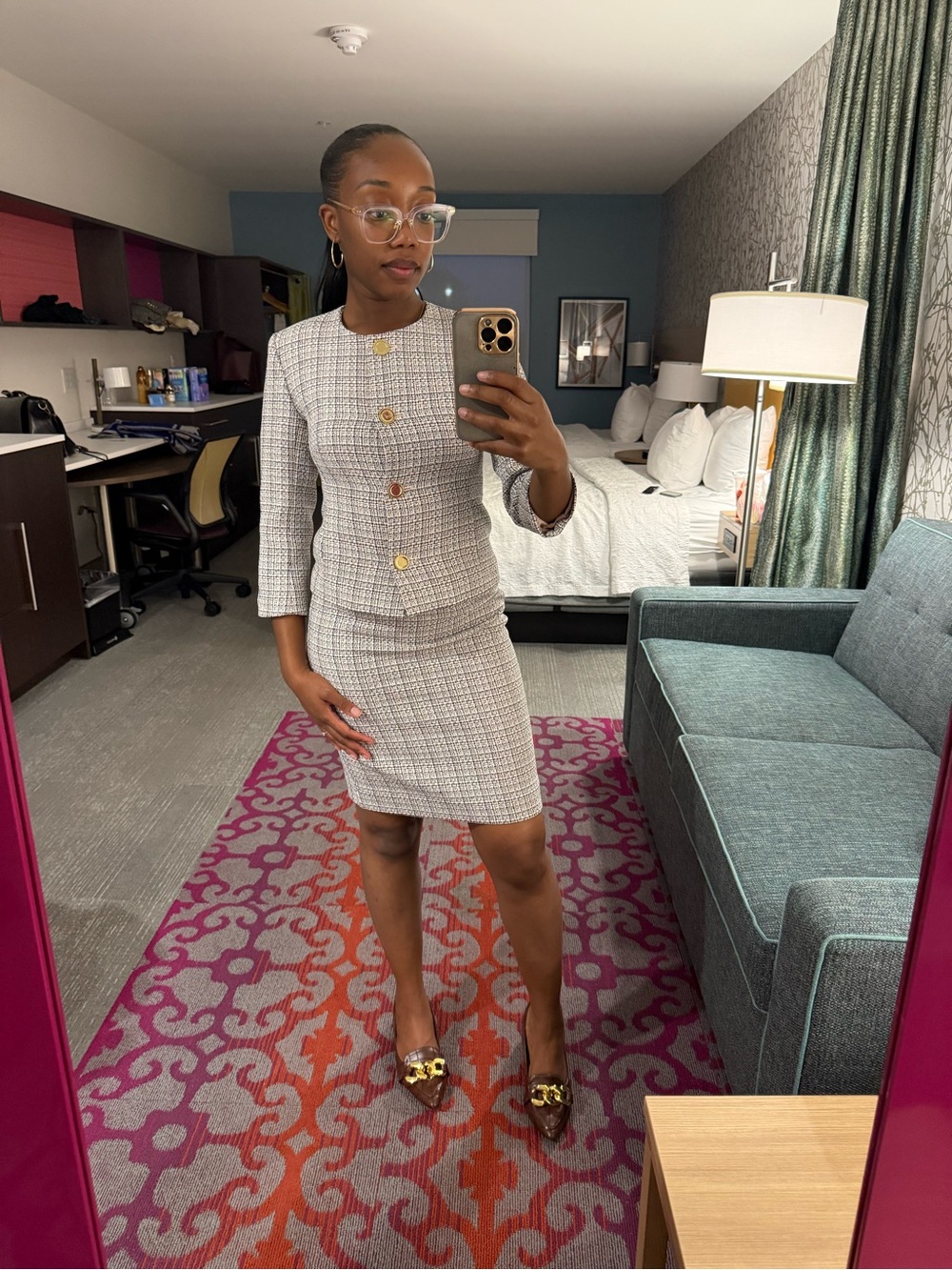 Le Suit Grey/ Pink Tweed Pencil Skirt Suit- Elegant Office Style